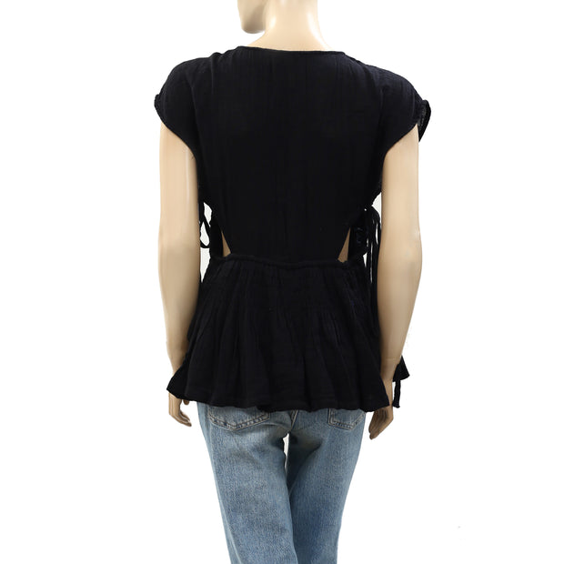 Free People Free-Est Smocked Wrap Black Textured Blouse Top