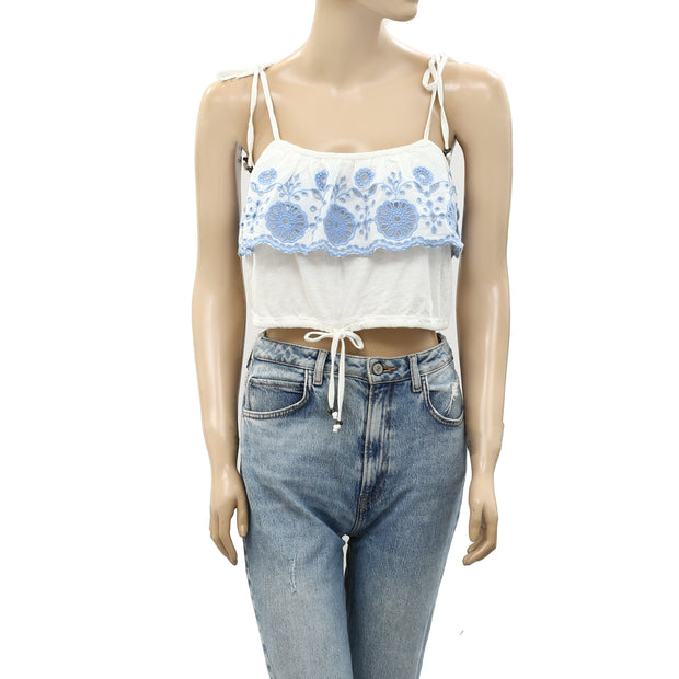Lucky Brand Floral Eyelet Embroidered Cropped Blouse Top S
