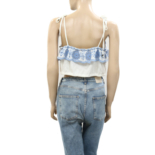 Lucky Brand Floral Eyelet Embroidered Cropped Blouse Top S
