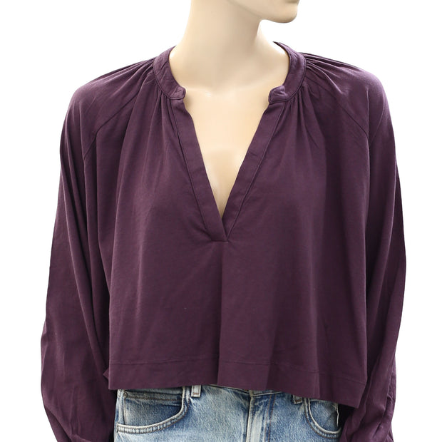 Maeve Anthropologie Split-Neck Pleated Blouse Long Sleeve Top