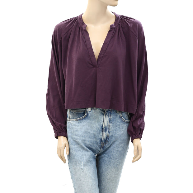 Maeve Anthropologie Split-Neck Pleated Blouse Long Sleeve Top