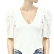By Anthropologie Puff-Sleeve Structured V-Neck Tee Blouse Top