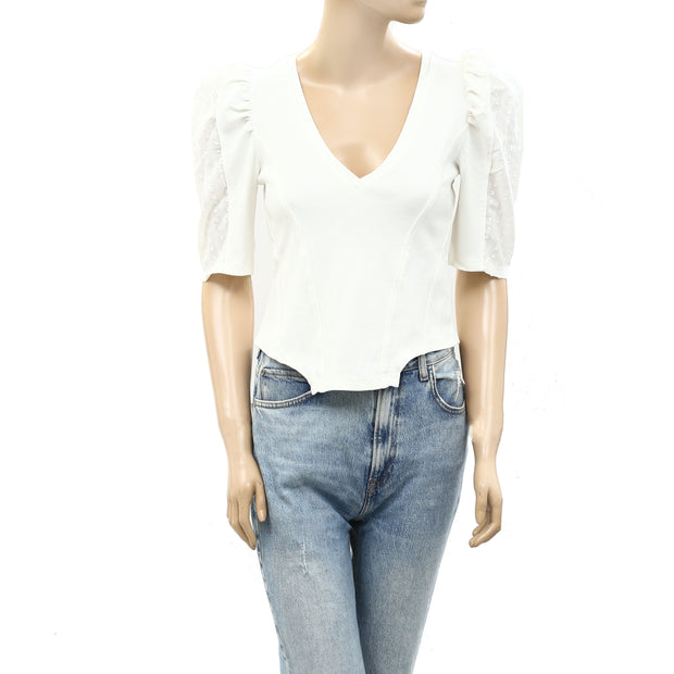 By Anthropologie Puff-Sleeve Structured V-Neck Tee Blouse Top