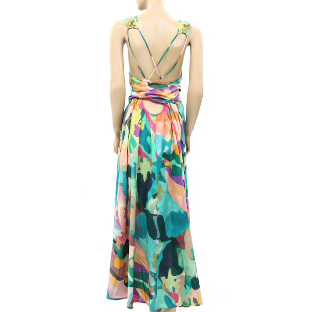 By Anthropologie Printed Bow-Back Front-Slit Maxi Dress XL