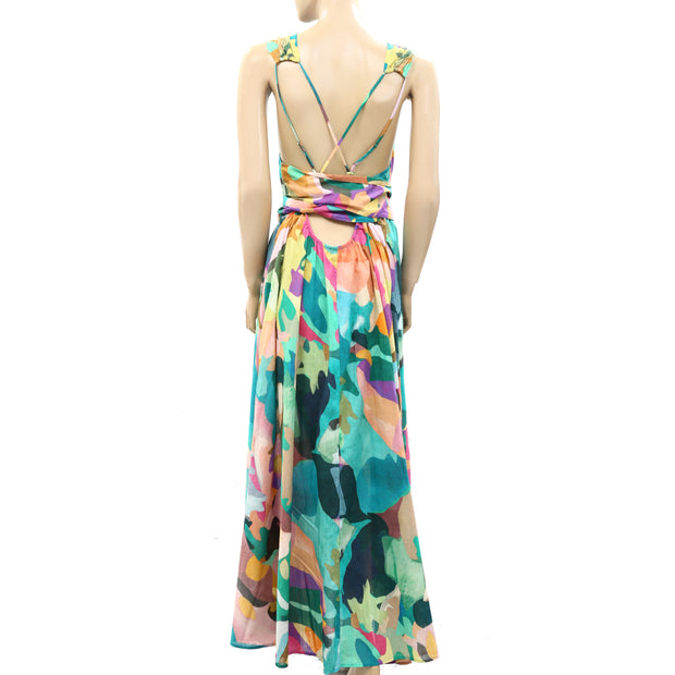 By Anthropologie Printed Bow-Back Front-Slit Maxi Dress XL