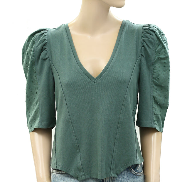 By Anthropologie Puff-Sleeve Structured V-Neck Tee Blouse Top