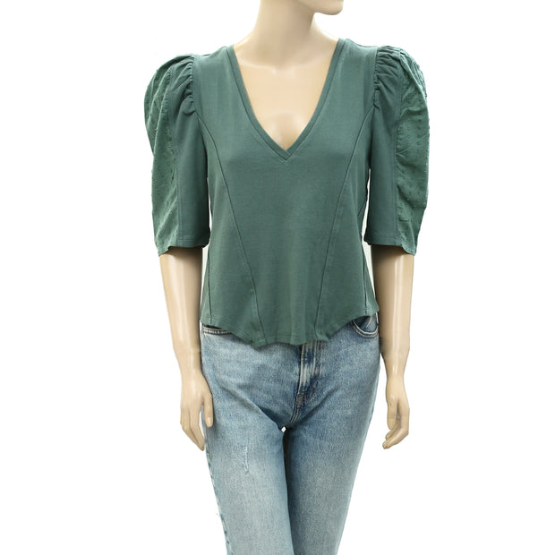 By Anthropologie Puff-Sleeve Structured V-Neck Tee Blouse Top