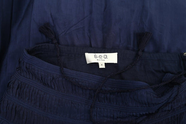 Sea New York Pleated Navy Solid High Rise Midi Flare Skirt XS