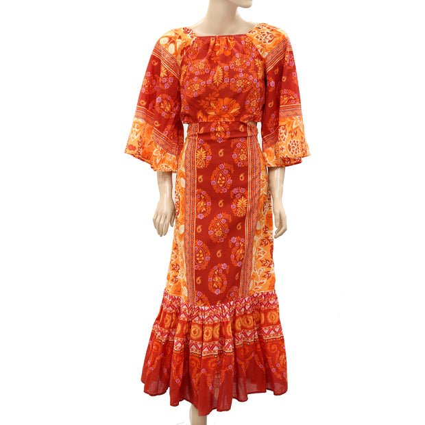 Farm Rio Anthropologie Printed Cutout Tiered-Hem Maxi Dress
