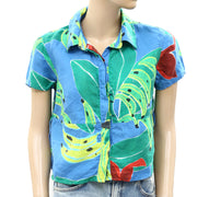 Farm Rio Anthropologie Blue Banana Leaves Shirt Blouse Top
