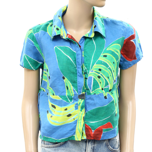Farm Rio Anthropologie Blue Banana Leaves Shirt Blouse Top