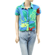 Farm Rio Anthropologie Blue Banana Leaves Shirt Blouse Top