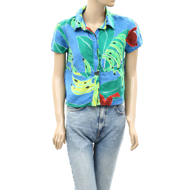 Farm Rio Anthropologie Blue Banana Leaves Shirt Blouse Top