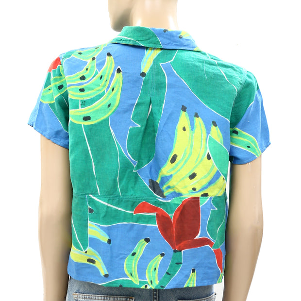Farm Rio Anthropologie Blue Banana Leaves Shirt Blouse Top