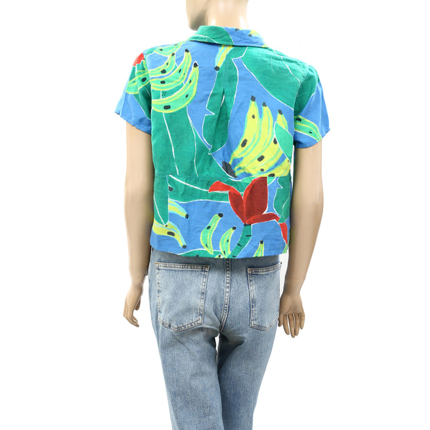 Farm Rio Anthropologie Blue Banana Leaves Shirt Blouse Top