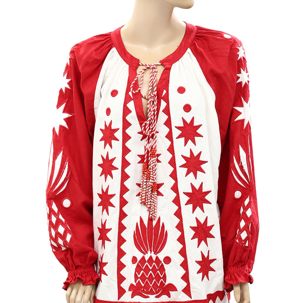 Farm Rio Anthropologie Red Tropical Cutwork Mini Dress S