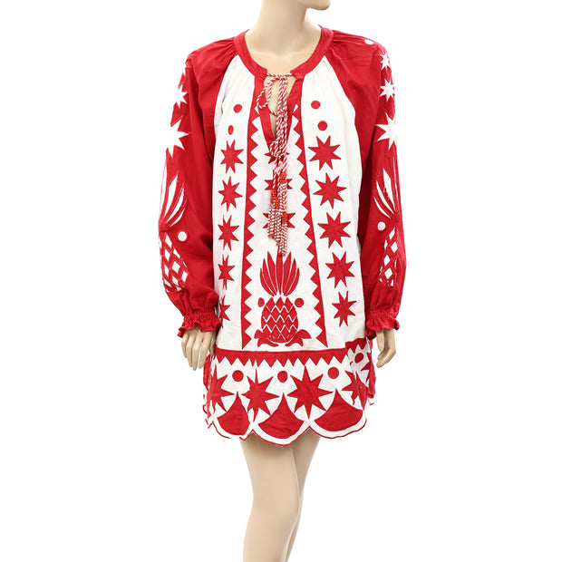 Farm Rio Anthropologie Red Tropical Cutwork Mini Dress S
