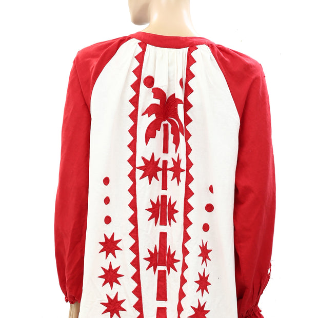 Farm Rio Anthropologie Red Tropical Cutwork Mini Dress S