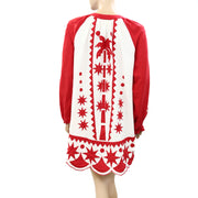 Farm Rio Anthropologie Red Tropical Cutwork Mini Dress S