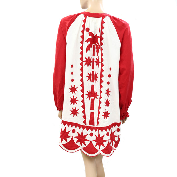 Farm Rio Anthropologie Red Tropical Cutwork Mini Dress S