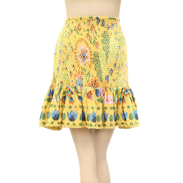 Farm Rio Anthropologie Yellow Summer Garden Mini Skirt XL