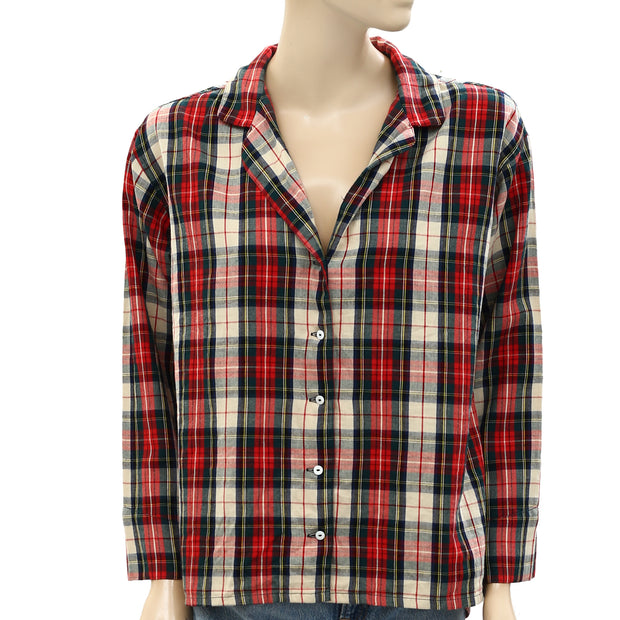 The Great Buttondown Cotton Check Collared Flannel Plaid Shirt Top XS-0