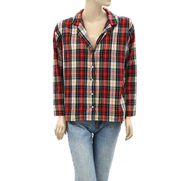 The Great Buttondown Cotton Check Collared Flannel Plaid Shirt Top XS-0