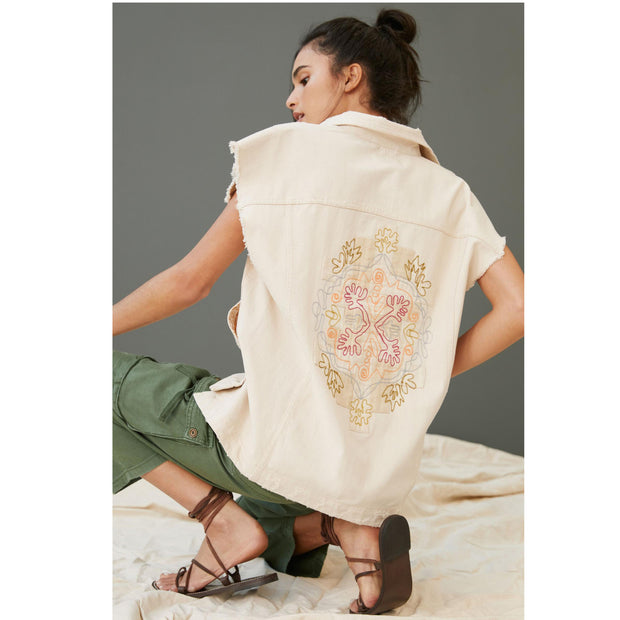 Pilcro Anthropologie Embroidered Denim Vest Jacket Top L