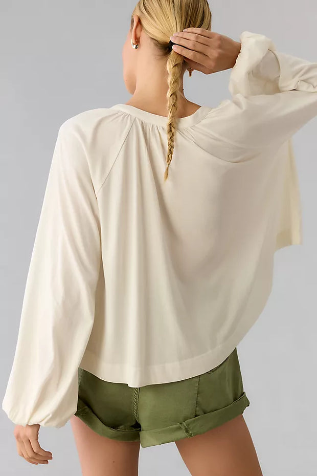 Maeve Anthropologie Split-Neck Pleated Blouse Long Sleeve Top