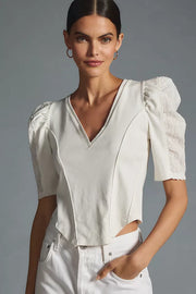 By Anthropologie Puff-Sleeve Structured V-Neck Tee Blouse Top