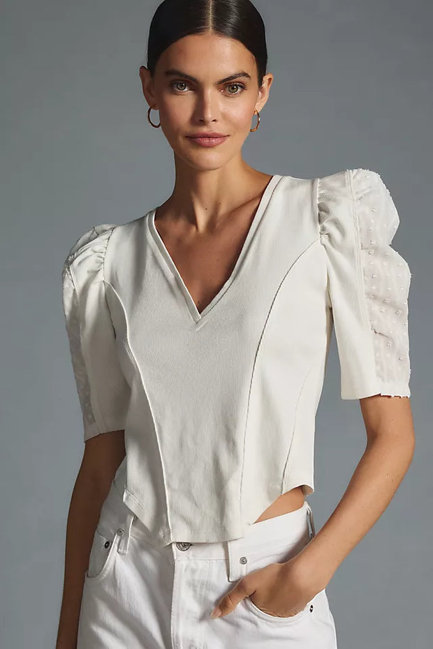 By Anthropologie Puff-Sleeve Structured V-Neck Tee Blouse Top