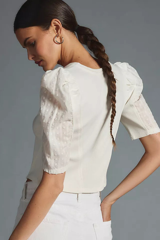 By Anthropologie Puff-Sleeve Structured V-Neck Tee Blouse Top