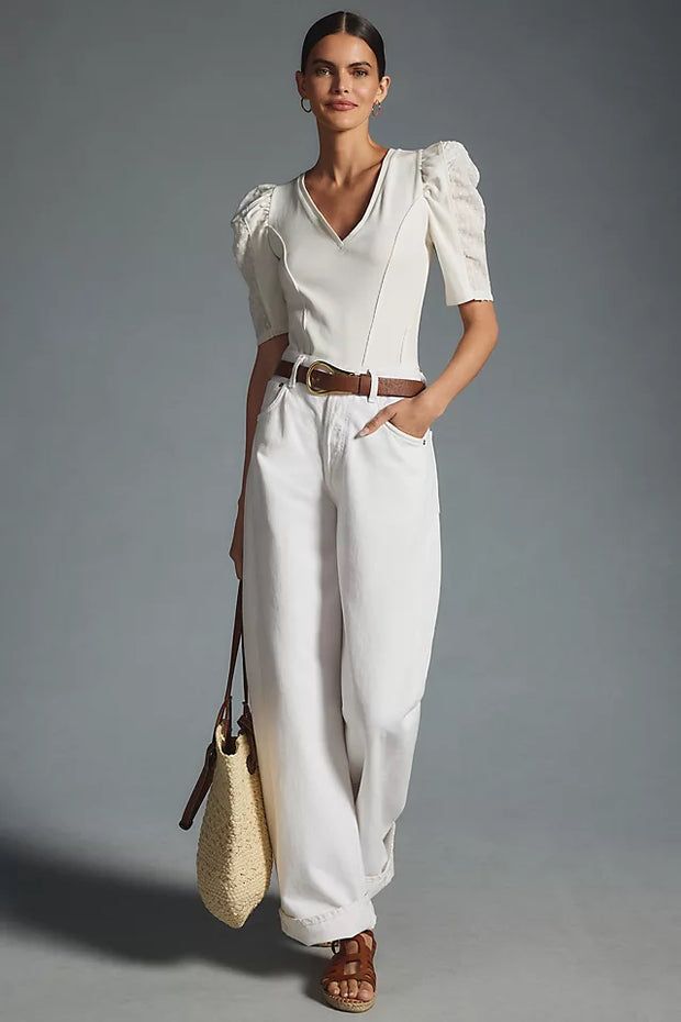 By Anthropologie Puff-Sleeve Structured V-Neck Tee Blouse Top