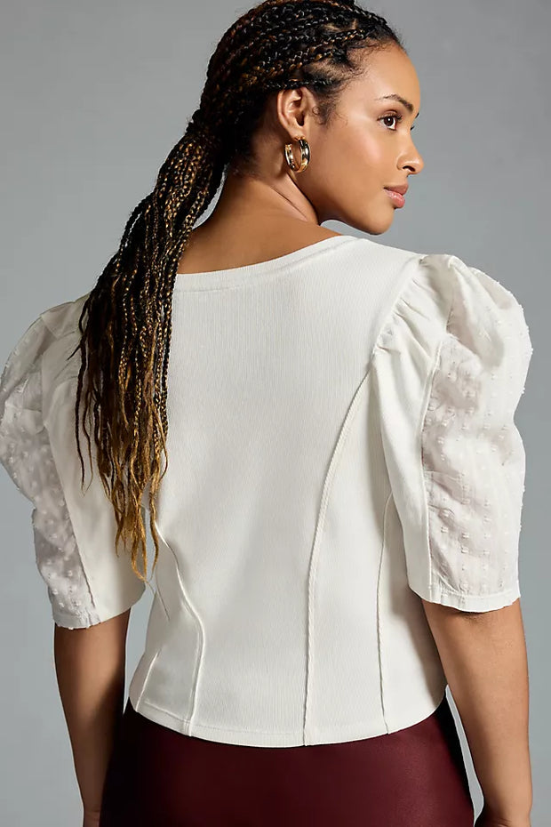 By Anthropologie Puff-Sleeve Structured V-Neck Tee Blouse Top