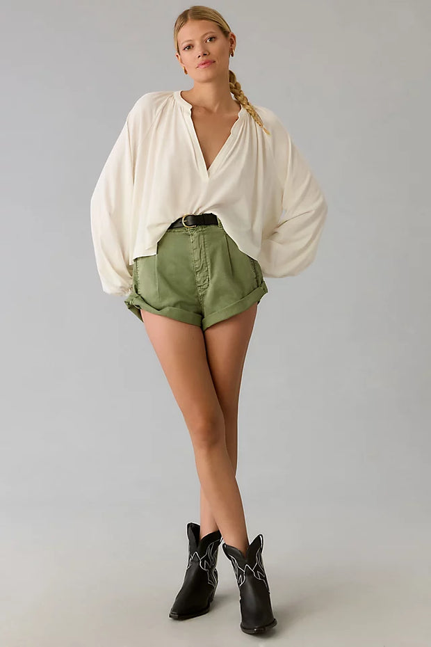 Maeve Anthropologie Split-Neck Pleated Blouse Long Sleeve Top