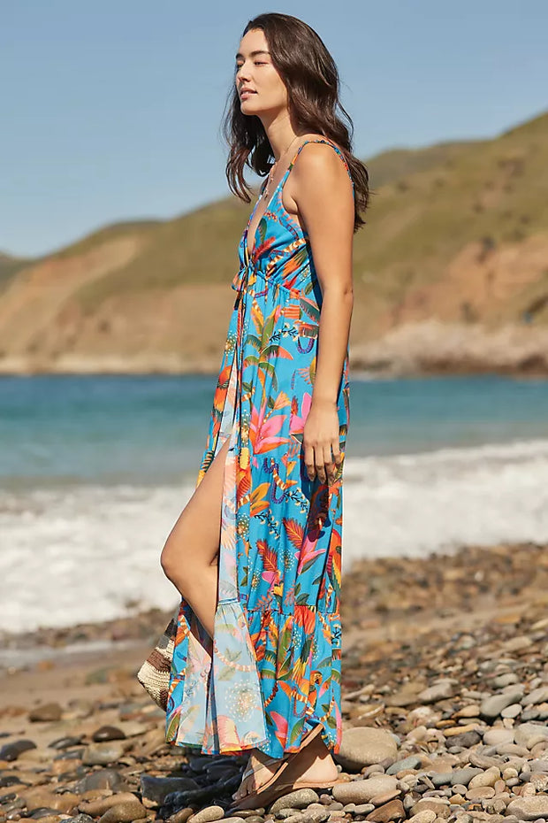 Farm Rio Anthropologie Blue Macaw Party Cover-Up Midi Dress