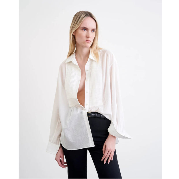 Nili Lotan Daniel Voile Tuxedo Pintucked Buttondown Tunic Shirt Top