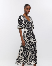 River Island Cream Printed Midi Dress S