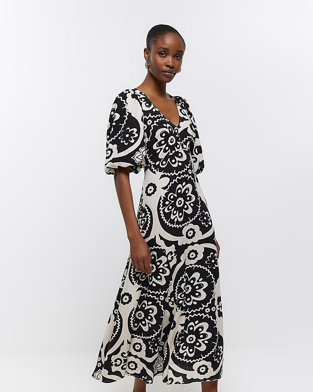 River Island Cream Printed Midi Dress S