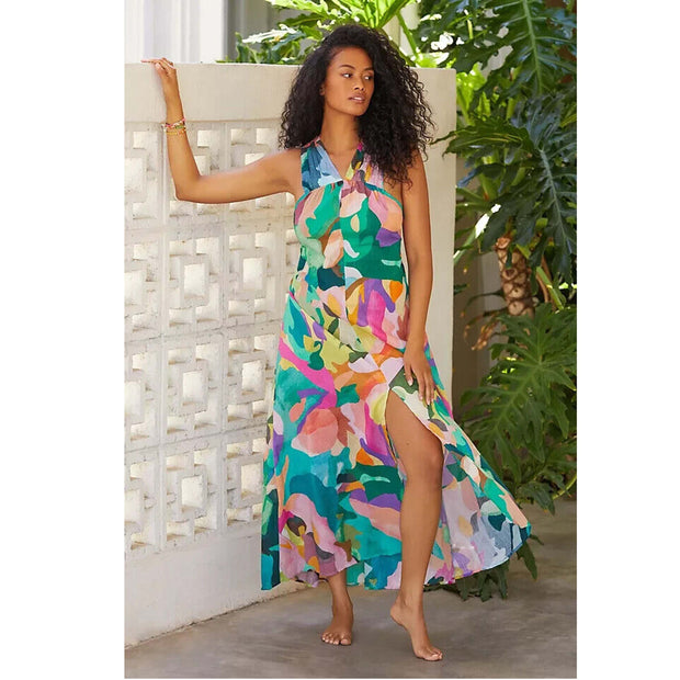 By Anthropologie Printed Bow-Back Front-Slit Maxi Dress XL