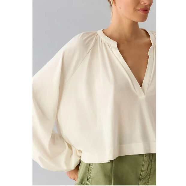 Maeve Anthropologie Split-Neck Pleated Blouse Long Sleeve Top