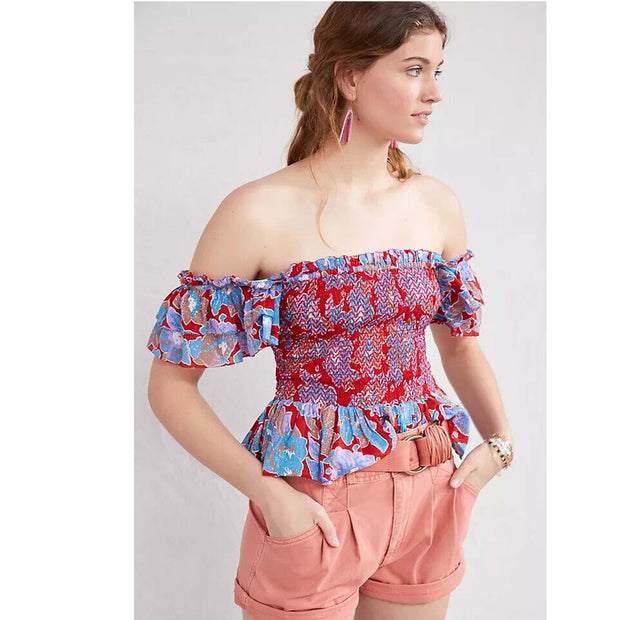 Love The Label Anthropologie Smocked Ruffle Cropped Top S