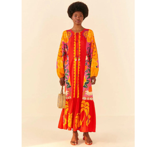 Farm Rio Anthropologie Sunset Patchwork Maxi Dress S