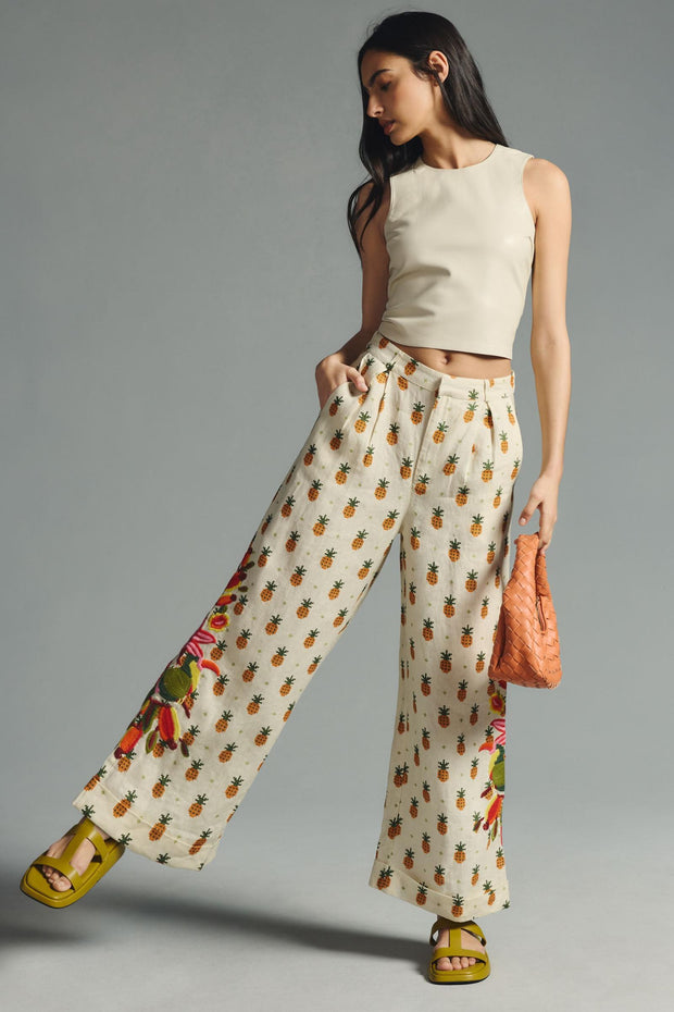 Farm Rio Anthropologie Linen Pineapple Printed Pants S