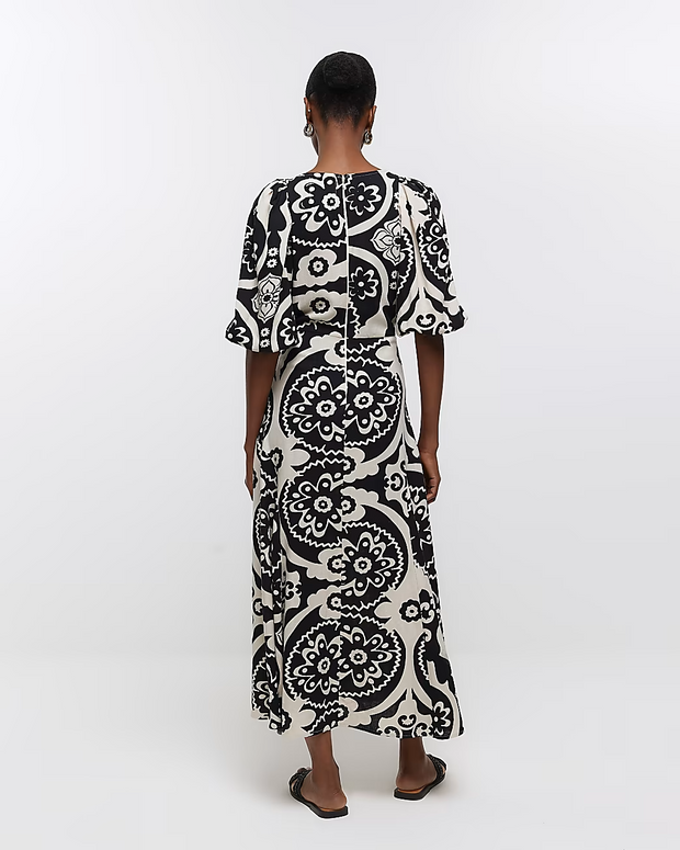 River Island Cream Printed Midi Dress S