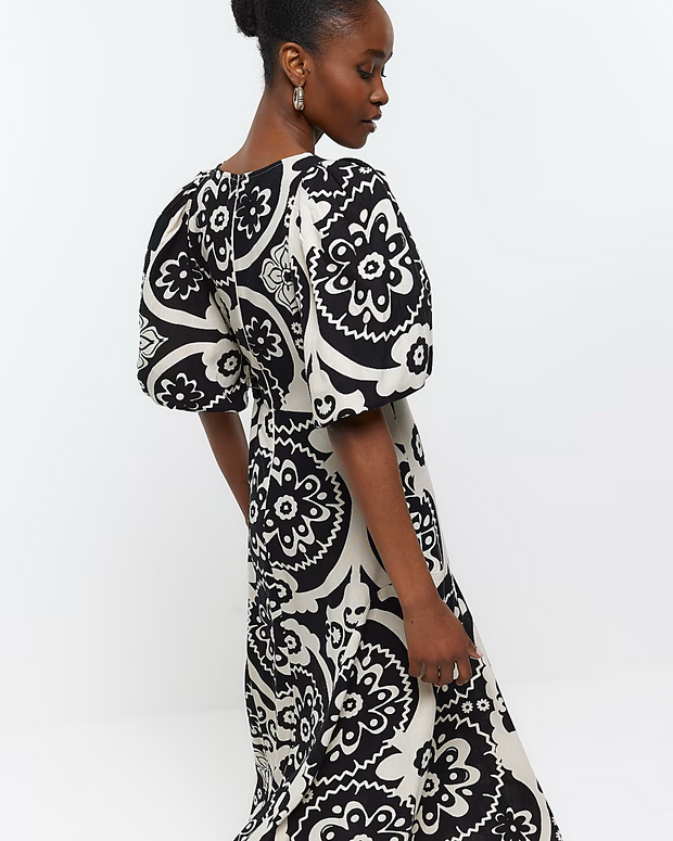 River Island Cream Printed Midi Dress S