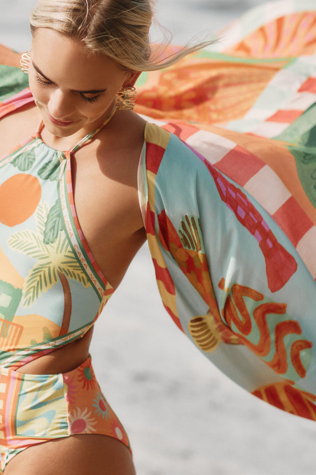 Farm Rio Anthropologie Beach Mixed Scarves Cover Up Tunic Top