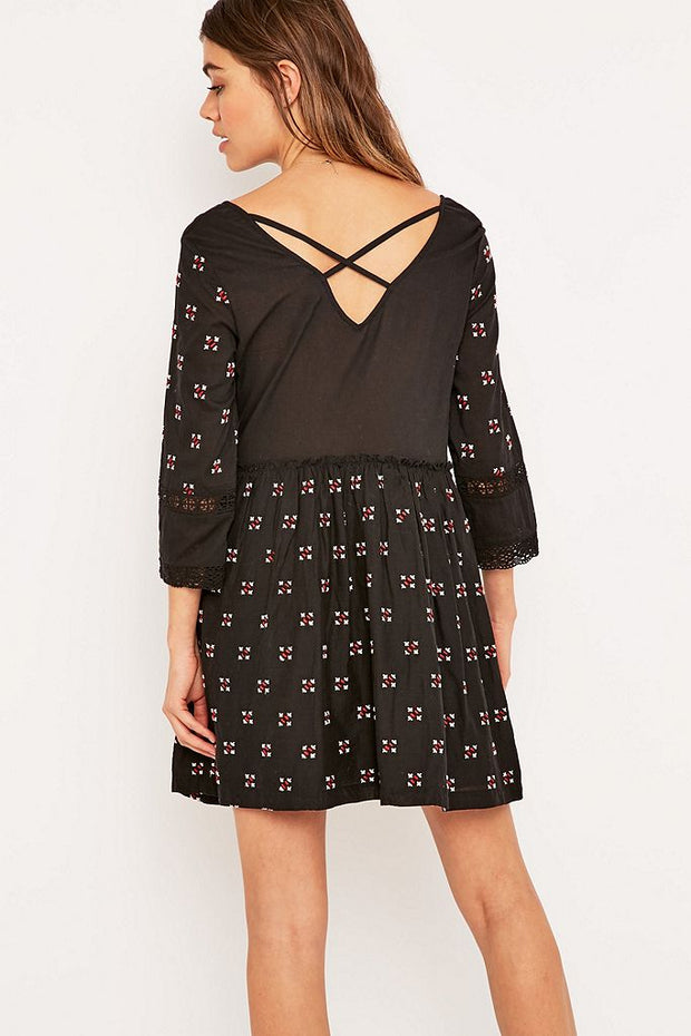 Staring at Stars Embroidered Black Babydoll Mini Dress S