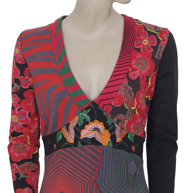 New Desigual Printed Embroidered Long Sleeve Multicolor Mini Dress Medium