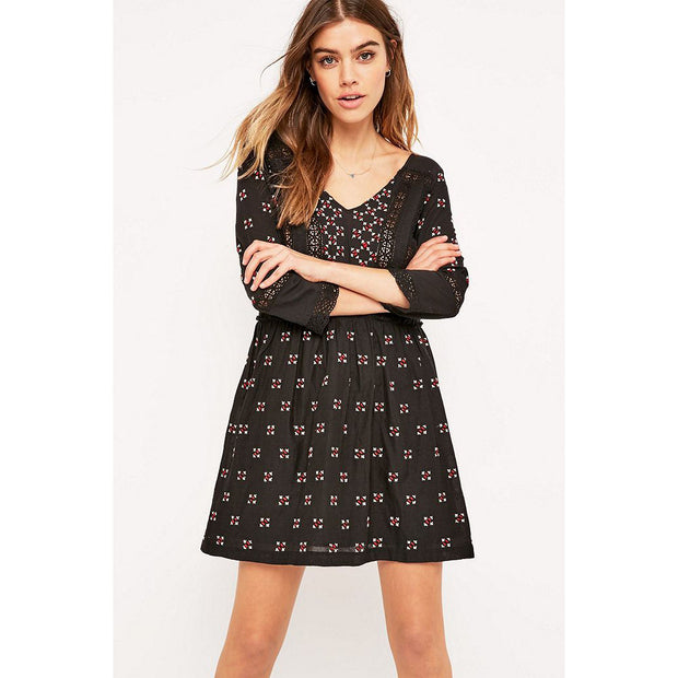 Staring at Stars Embroidered Black Babydoll Mini Dress S